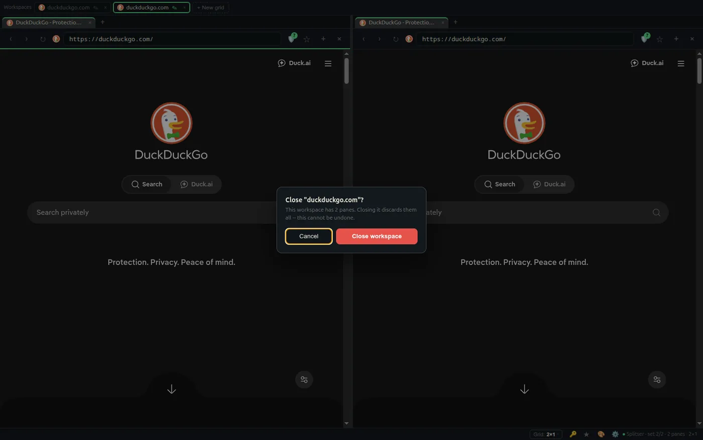 A dialog asking to confirm closing a workspace that holds two panes