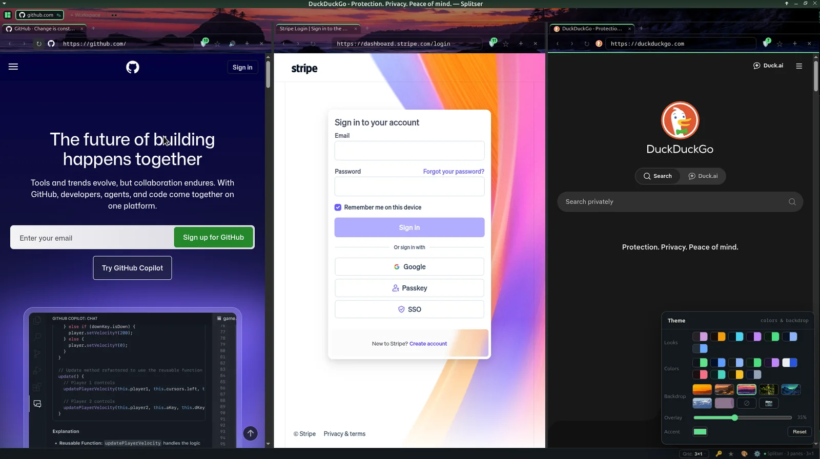Three panes side by side: GitHub, a Stripe sign-in, and DuckDuckGo, with the theme panel open