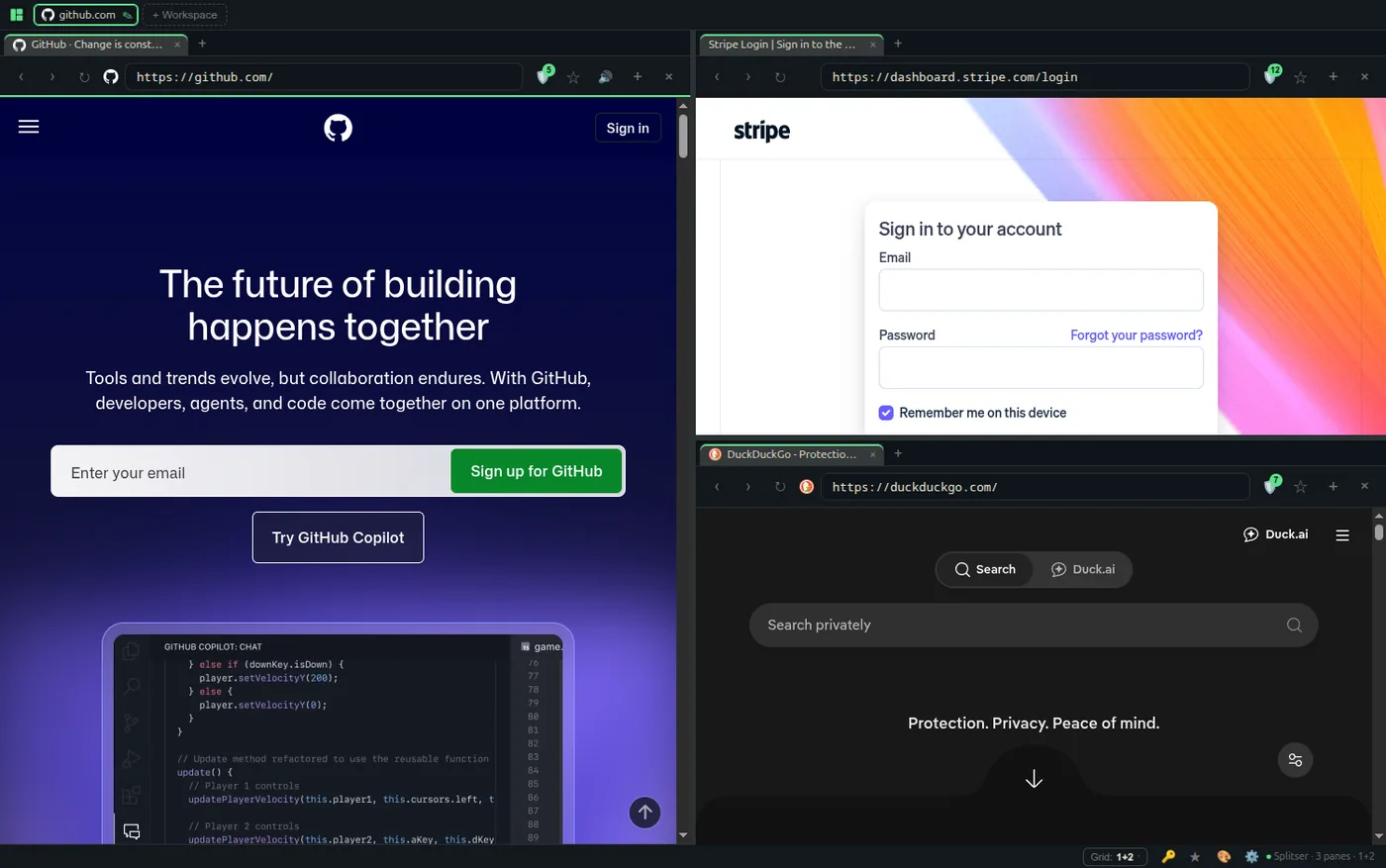 Three panes: GitHub filling the left half, a Stripe sign-in top right, DuckDuckGo bottom right