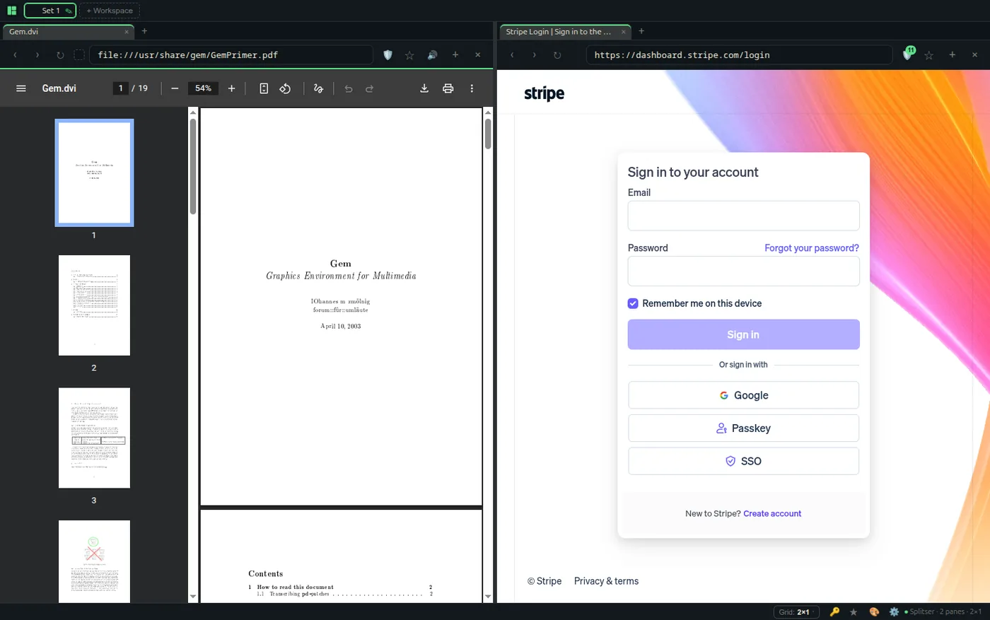 A PDF open in the left pane beside a web page in the right pane